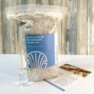 An inoculated mushroom kit, spray bottle, and recipe card are included in every Myqo mushroom grow kit